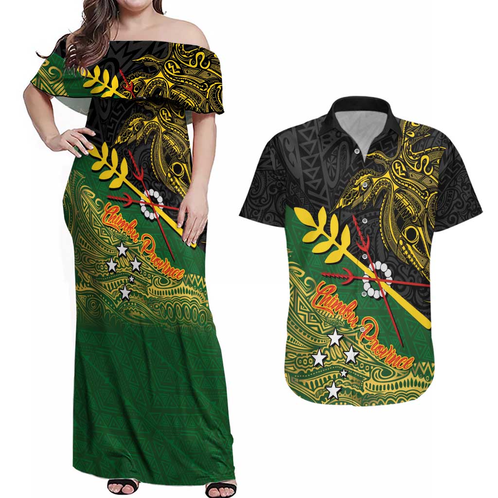 Personalized Chimpu Province Papua New Guinea Couples Matching Off Shoulder Maxi Dress and Hawaiian Shirt Bird-of-paradise Art Tattoo and Melanesian Motifs - Polynesian Pride