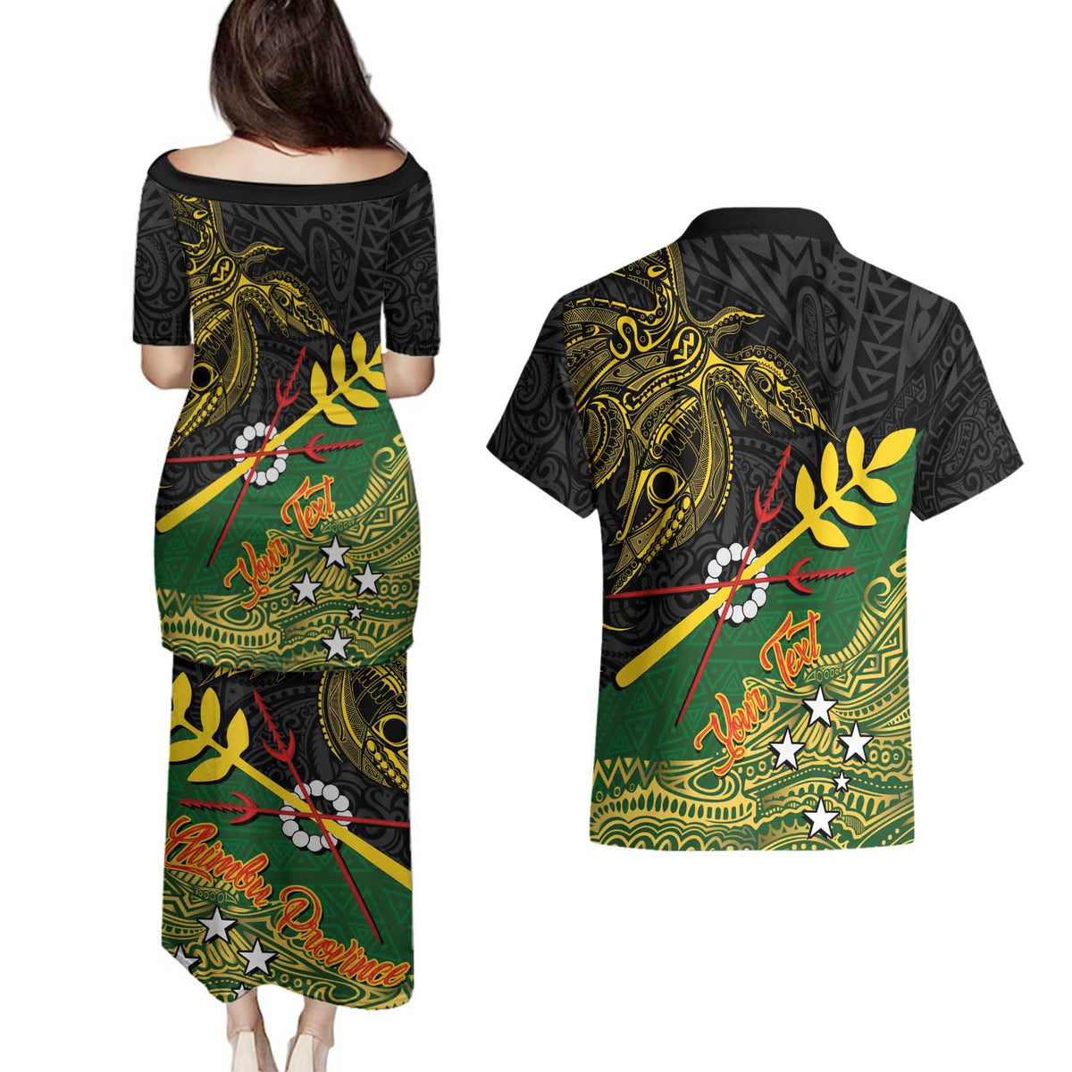Personalized Chimpu Province Papua New Guinea Couples Matching Puletasi and Hawaiian Shirt Bird-of-paradise Art Tattoo and Melanesian Motifs - Polynesian Pride