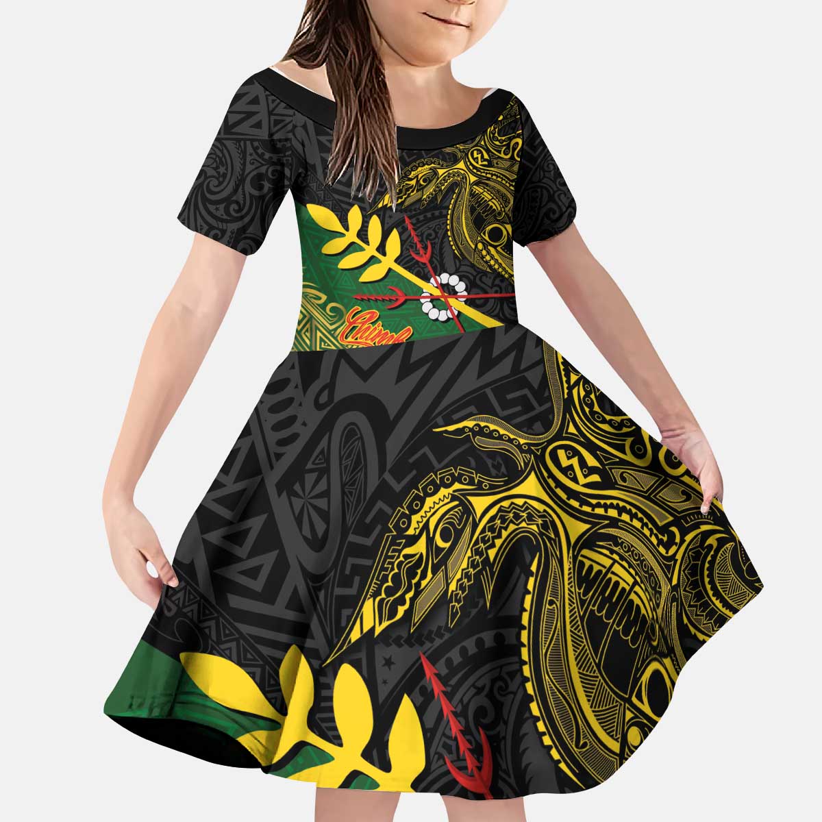 Personalized Chimpu Province Papua New Guinea Kid Short Sleeve Dress Bird-of-paradise Art Tattoo and Melanesian Motifs - Polynesian Pride