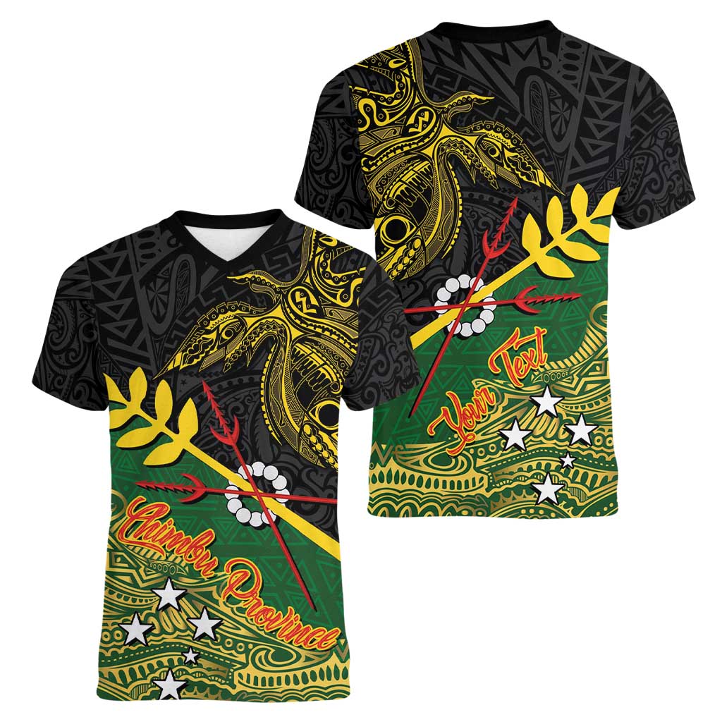 Personalized Chimpu Province Papua New Guinea Women V-Neck T-Shirt Bird-of-paradise Art Tattoo and Melanesian Motifs - Polynesian Pride