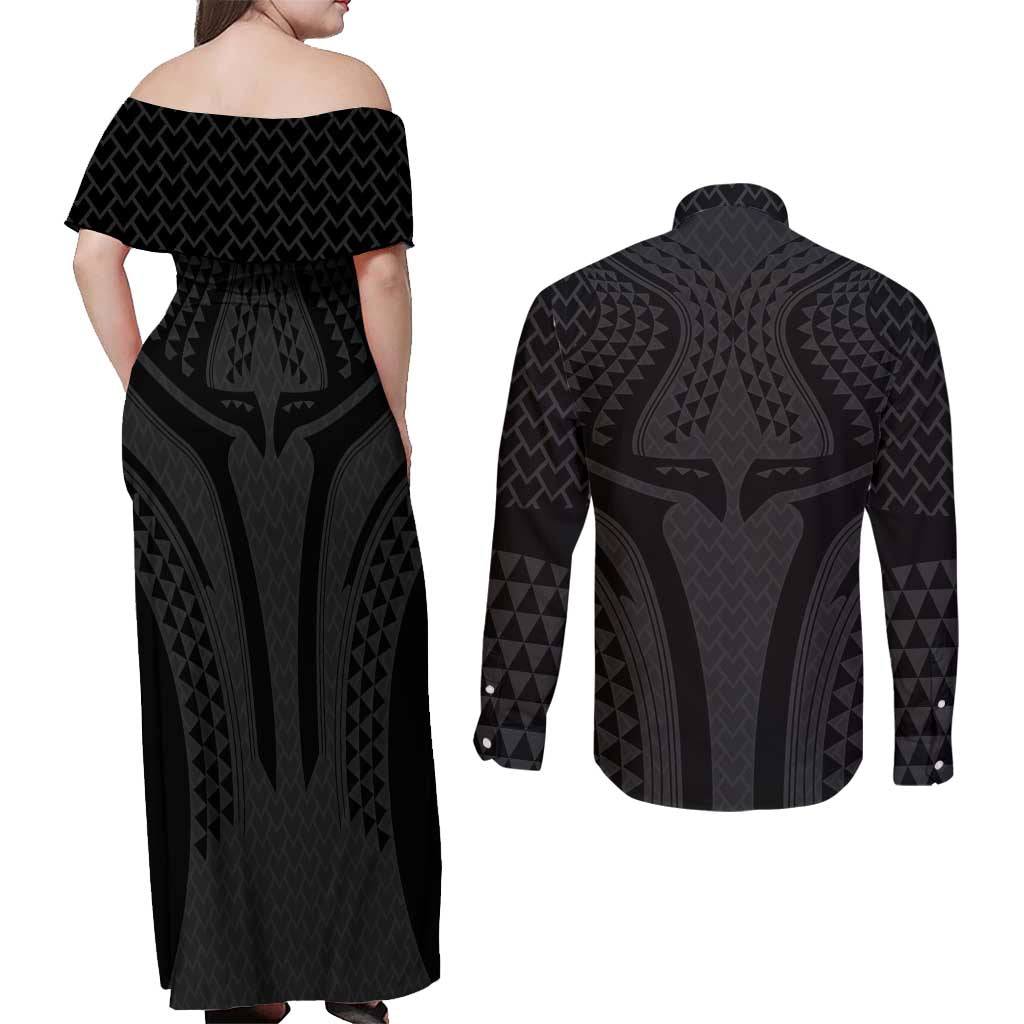 Hawaiian Kakau Art Tattoos Aquaman Style Couples Matching Off Shoulder Maxi Dress and Long Sleeve Button Shirt Black Version - Polynesian Pride