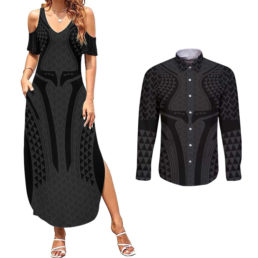 Hawaiian Kakau Art Tattoos Aquaman Style Couples Matching Summer Maxi Dress and Long Sleeve Button Shirt Black Version - Polynesian Pride