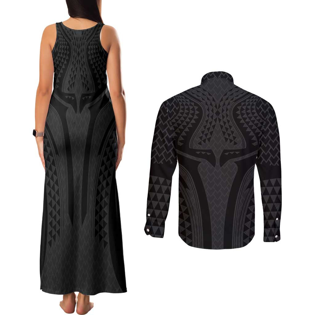 Hawaiian Kakau Art Tattoos Aquaman Style Couples Matching Tank Maxi Dress and Long Sleeve Button Shirt Black Version - Polynesian Pride
