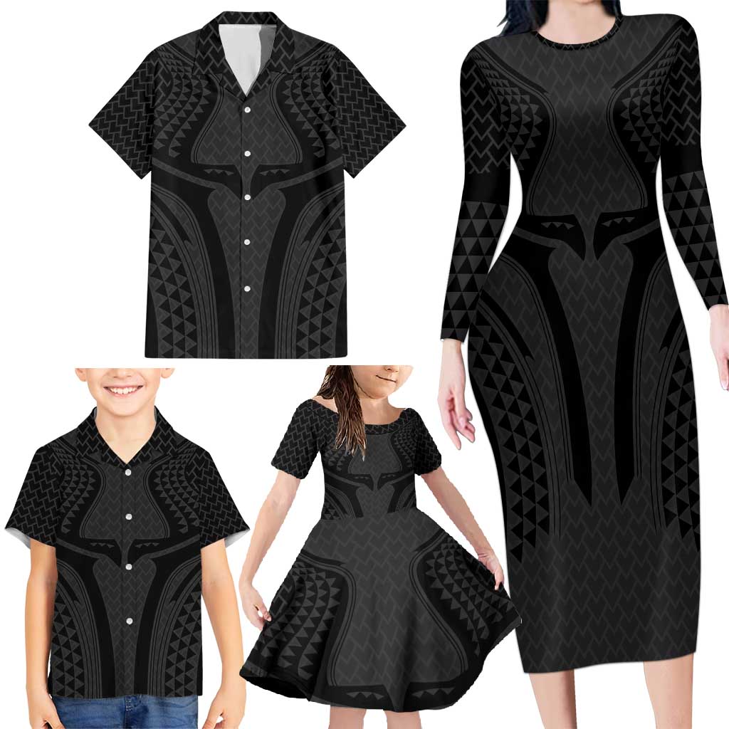 Hawaiian Kakau Art Tattoos Aquaman Style Family Matching Long Sleeve Bodycon Dress and Hawaiian Shirt Black Version - Polynesian Pride