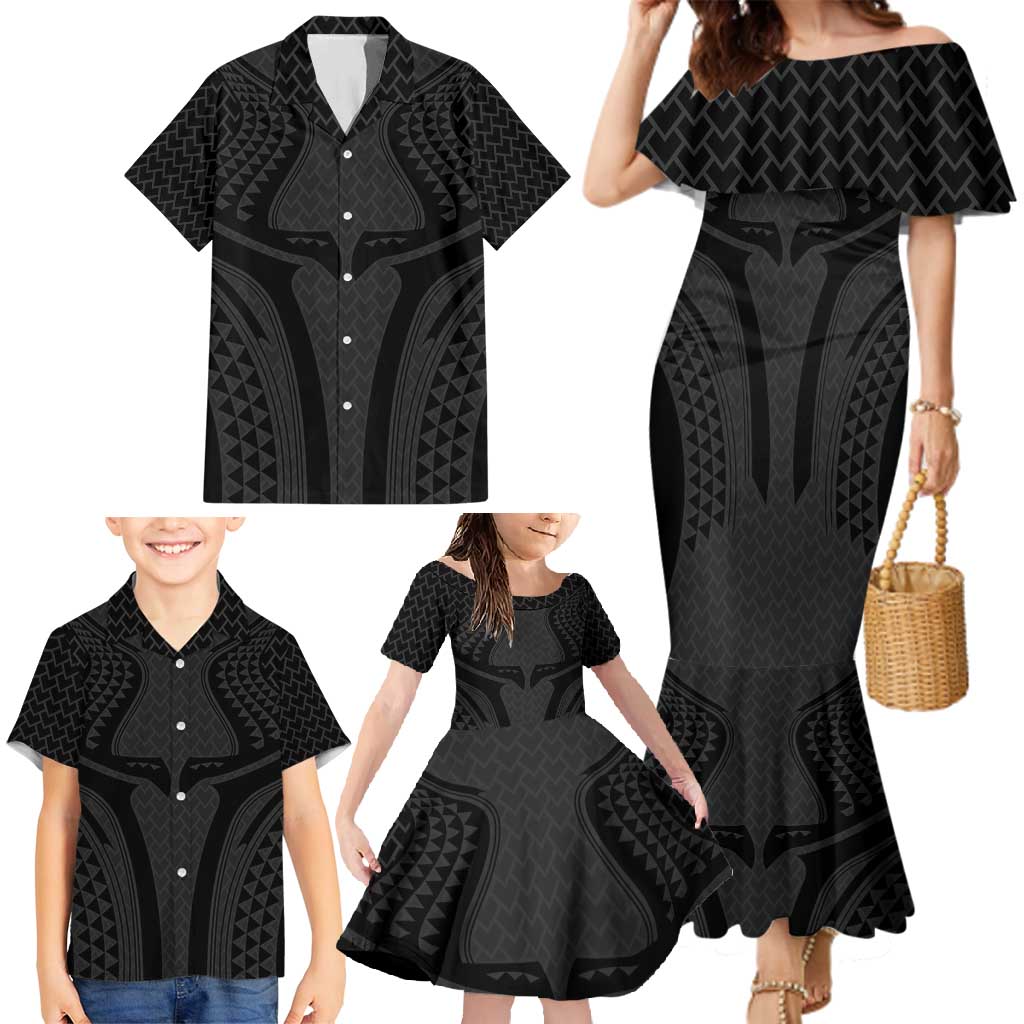 Hawaiian Kakau Art Tattoos Aquaman Style Family Matching Mermaid Dress and Hawaiian Shirt Black Version - Polynesian Pride