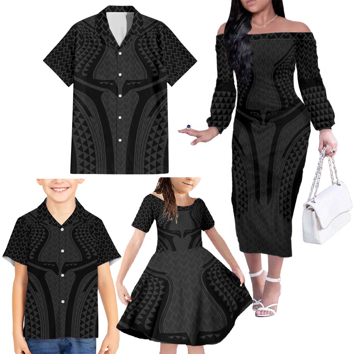 Hawaiian Kakau Art Tattoos Aquaman Style Family Matching Off The Shoulder Long Sleeve Dress and Hawaiian Shirt Black Version - Polynesian Pride
