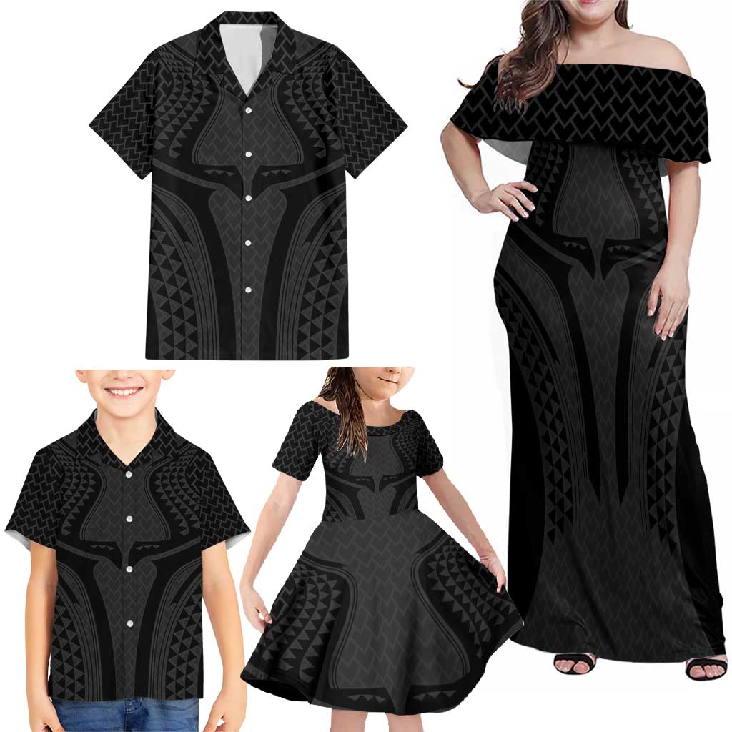 Hawaiian Kakau Art Tattoos Aquaman Style Family Matching Off Shoulder Maxi Dress and Hawaiian Shirt Black Version - Polynesian Pride