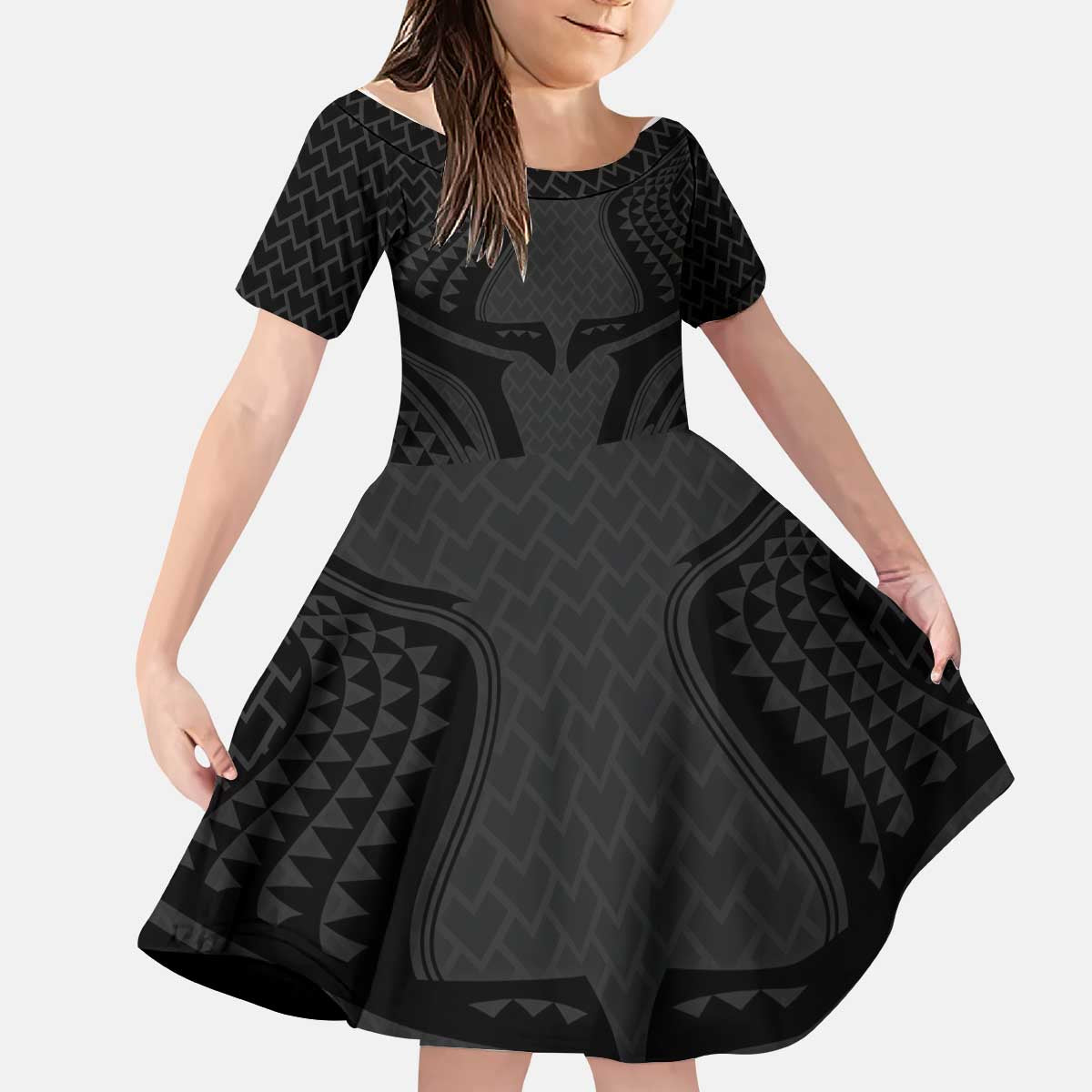 Hawaiian Kakau Art Tattoos Aquaman Style Kid Short Sleeve Dress Black Version - Polynesian Pride