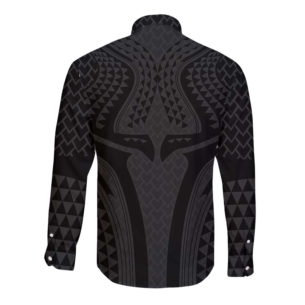 Hawaiian Kakau Art Tattoos Aquaman Style Long Sleeve Button Shirt Black Version - Polynesian Pride