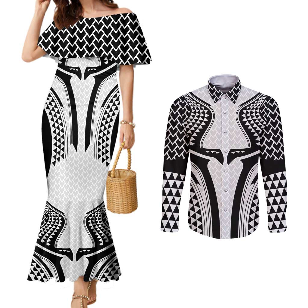 Hawaiian Kakau Art Tattoos Aquaman Style Couples Matching Mermaid Dress and Long Sleeve Button Shirt White Version - Polynesian Pride