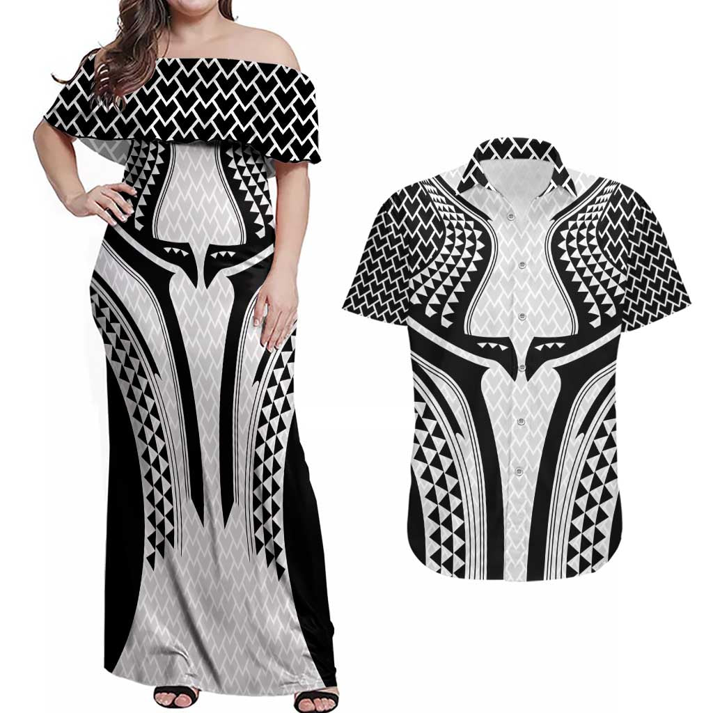 Hawaiian Kakau Art Tattoos Aquaman Style Couples Matching Off Shoulder Maxi Dress and Hawaiian Shirt White Version - Polynesian Pride