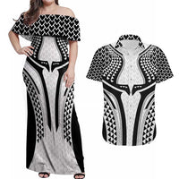 Hawaiian Kakau Art Tattoos Aquaman Style Couples Matching Off Shoulder Maxi Dress and Hawaiian Shirt White Version - Polynesian Pride