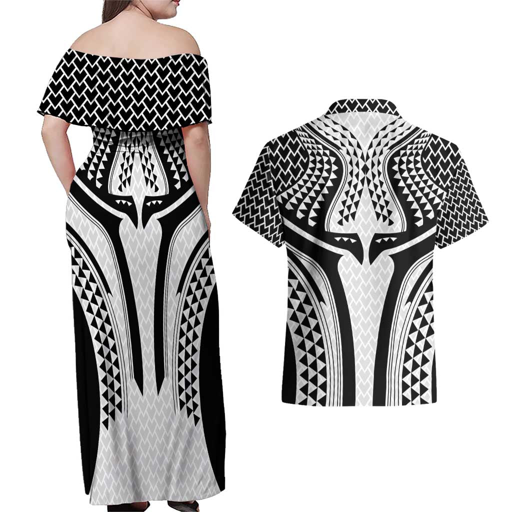 Hawaiian Kakau Art Tattoos Aquaman Style Couples Matching Off Shoulder Maxi Dress and Hawaiian Shirt White Version - Polynesian Pride