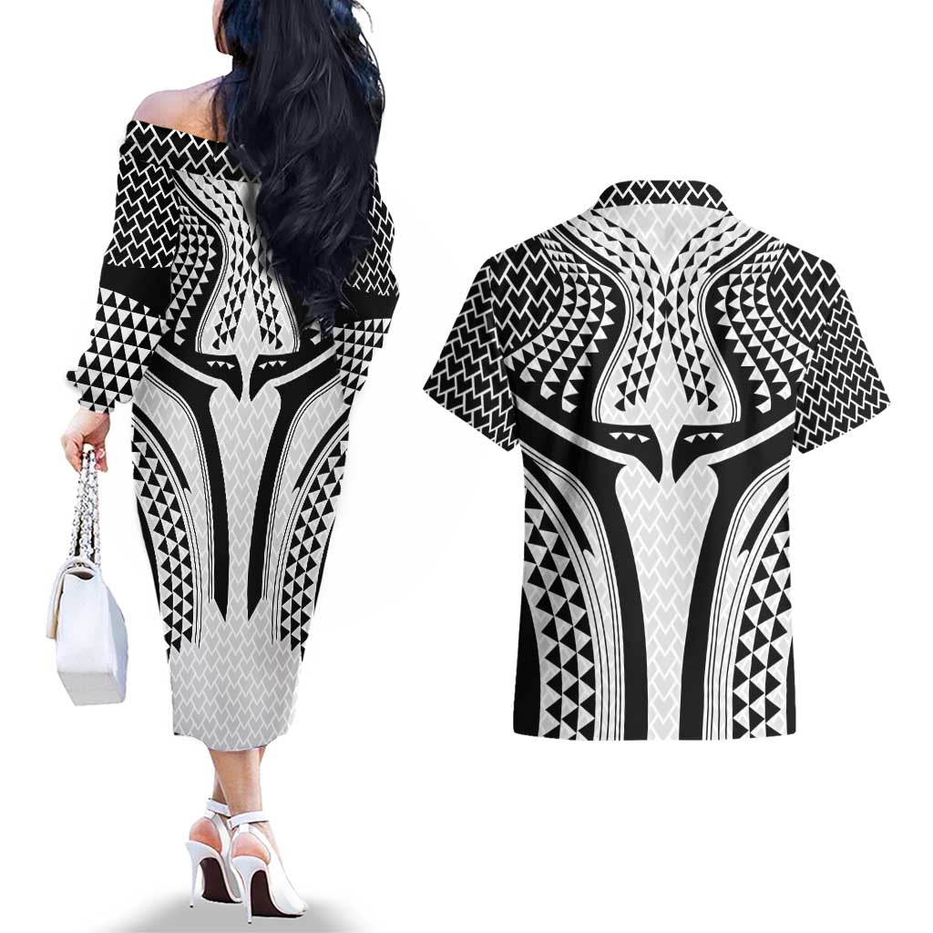 Hawaiian Kakau Art Tattoos Aquaman Style Couples Matching Off The Shoulder Long Sleeve Dress and Hawaiian Shirt White Version - Polynesian Pride