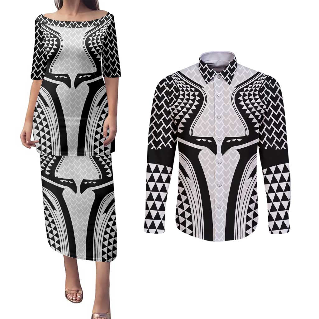 Hawaiian Kakau Art Tattoos Aquaman Style Couples Matching Puletasi and Long Sleeve Button Shirt White Version - Polynesian Pride