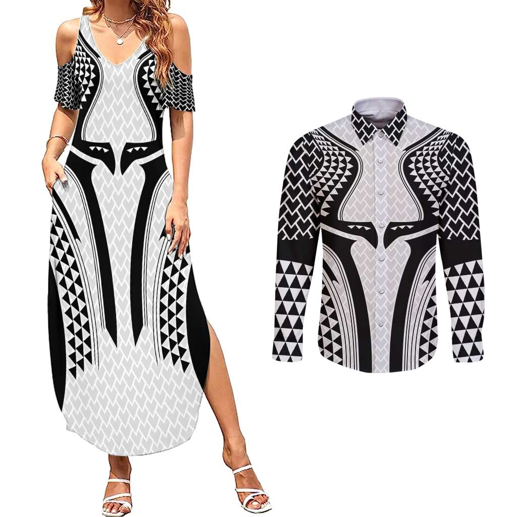 Hawaiian Kakau Art Tattoos Aquaman Style Couples Matching Summer Maxi Dress and Long Sleeve Button Shirt White Version - Polynesian Pride