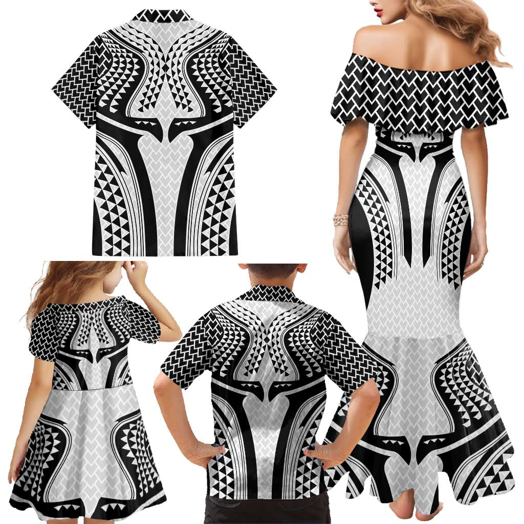Hawaiian Kakau Art Tattoos Aquaman Style Family Matching Mermaid Dress and Hawaiian Shirt White Version - Polynesian Pride