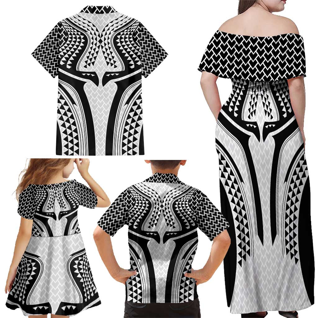 Hawaiian Kakau Art Tattoos Aquaman Style Family Matching Off Shoulder Maxi Dress and Hawaiian Shirt White Version - Polynesian Pride