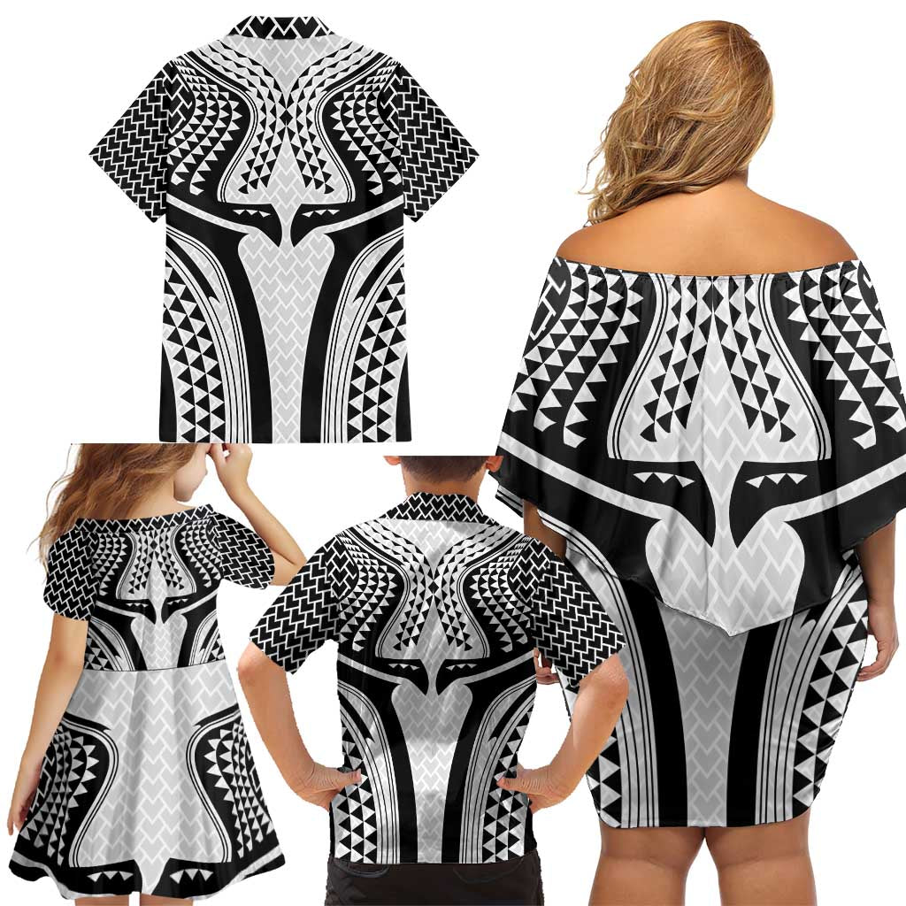 Hawaiian Kakau Art Tattoos Aquaman Style Family Matching Off Shoulder Short Dress and Hawaiian Shirt White Version - Polynesian Pride