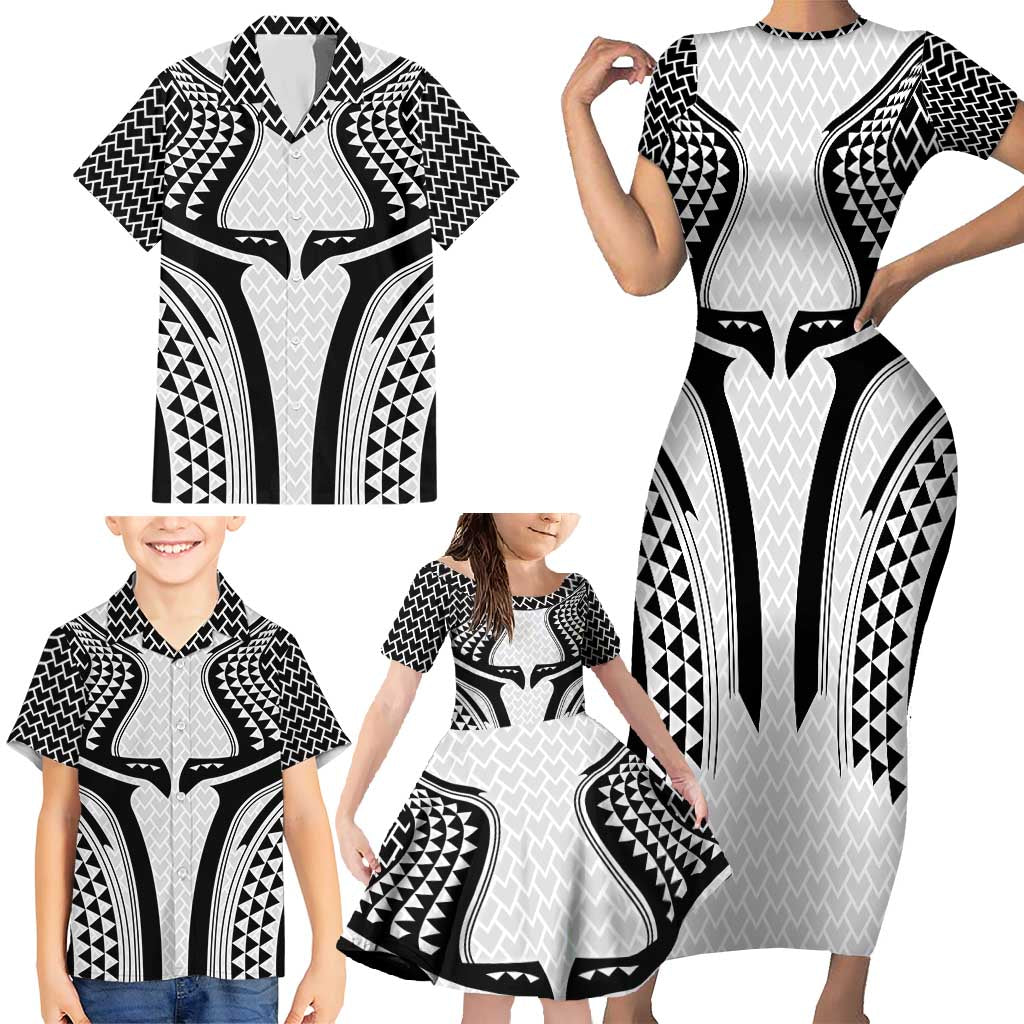 Hawaiian Kakau Art Tattoos Aquaman Style Family Matching Short Sleeve Bodycon Dress and Hawaiian Shirt White Version - Polynesian Pride