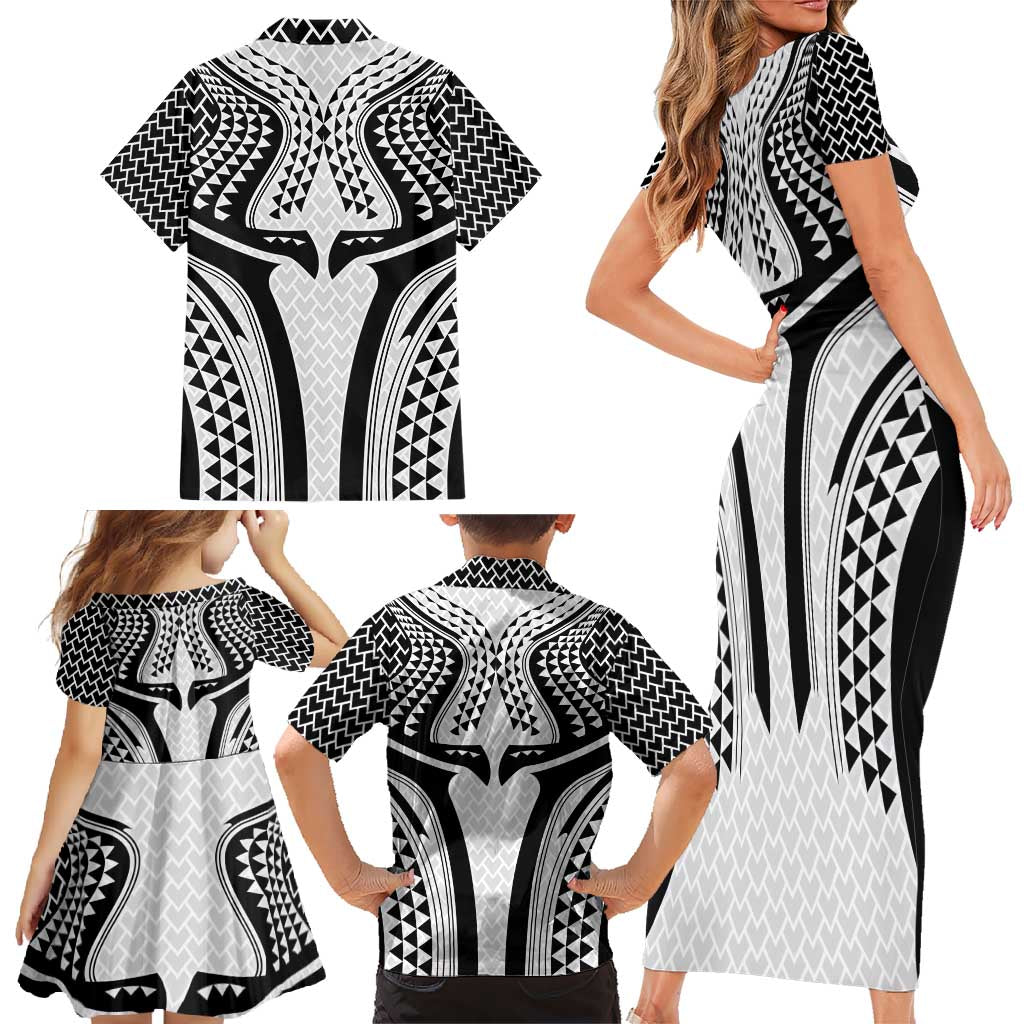 Hawaiian Kakau Art Tattoos Aquaman Style Family Matching Short Sleeve Bodycon Dress and Hawaiian Shirt White Version - Polynesian Pride
