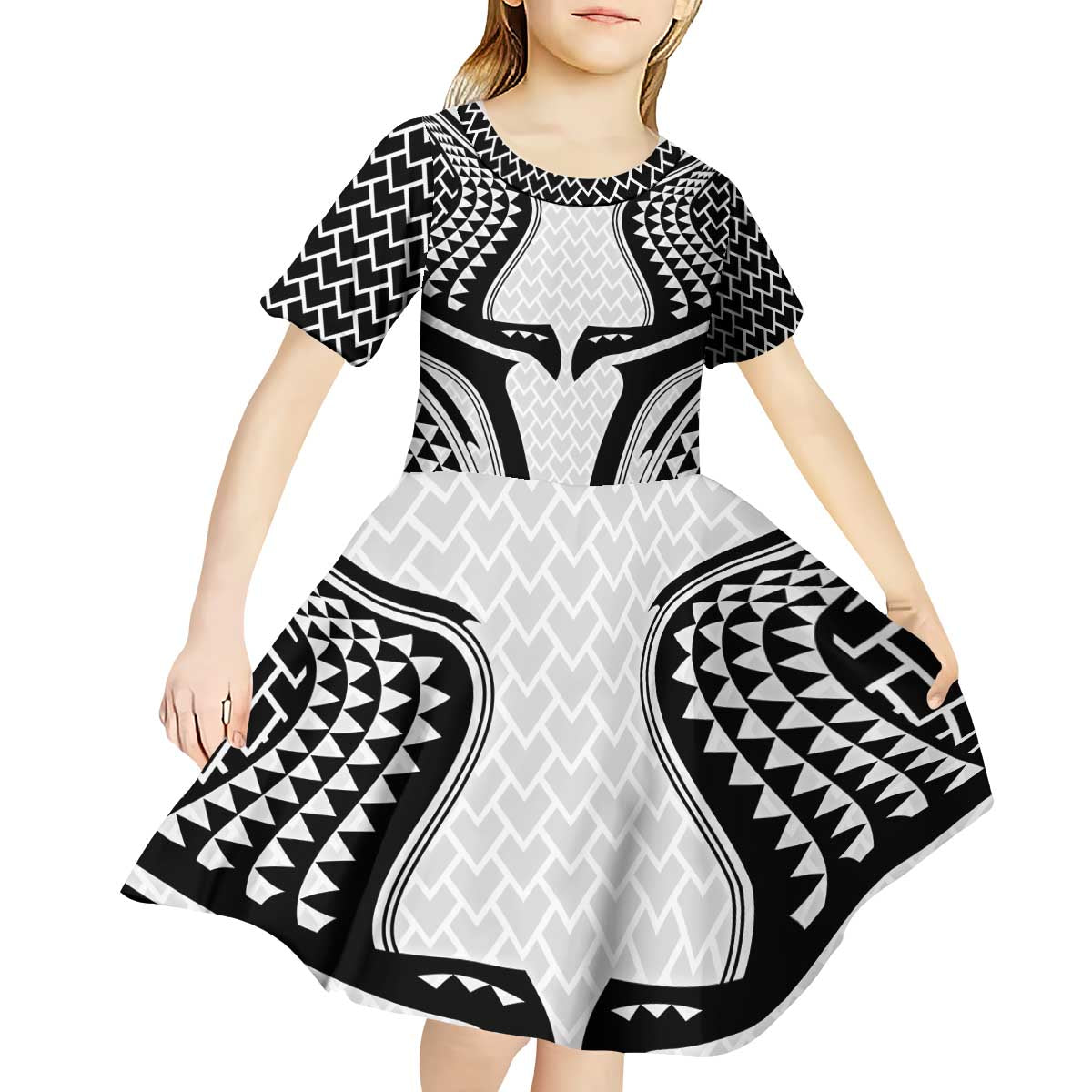 Hawaiian Kakau Art Tattoos Aquaman Style Kid Short Sleeve Dress White Version - Polynesian Pride
