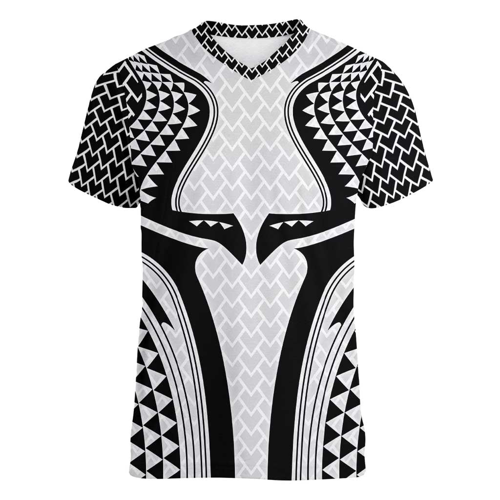 Hawaiian Kakau Art Tattoos Aquaman Style Women V-Neck T-Shirt White Version - Polynesian Pride