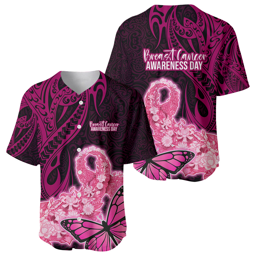Polynesia Breast Cancer Baseball Jersey Butterfly and Flowers Ribbon Maori Tattoo Ethnic Black Style LT03 - Polynesian Pride