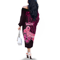 Polynesia Breast Cancer Family Matching Off Shoulder Long Sleeve Dress and Hawaiian Shirt Butterfly and Flowers Ribbon Maori Tattoo Ethnic Black Style LT03 - Polynesian Pride