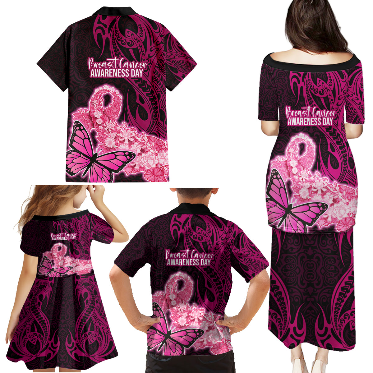 Polynesia Breast Cancer Family Matching Puletasi Dress and Hawaiian Shirt Butterfly and Flowers Ribbon Maori Tattoo Ethnic Black Style LT03 - Polynesian Pride