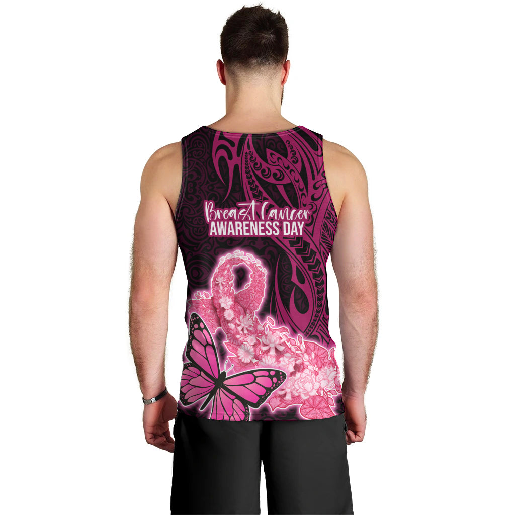Polynesia Breast Cancer Men Tank Top Butterfly and Flowers Ribbon Maori Tattoo Ethnic Black Style LT03 - Polynesian Pride