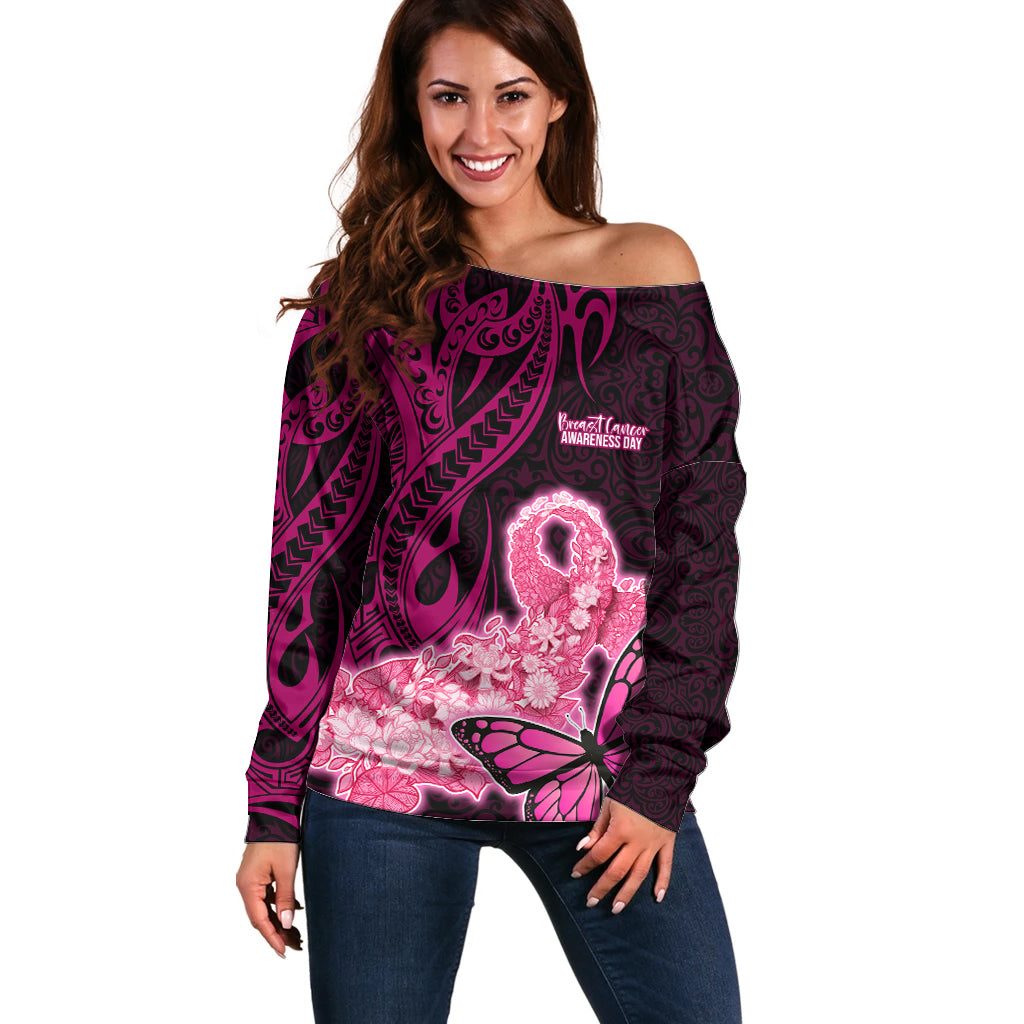 Polynesia Breast Cancer Off Shoulder Sweater Butterfly and Flowers Ribbon Maori Tattoo Ethnic Black Style LT03 Women Black - Polynesian Pride