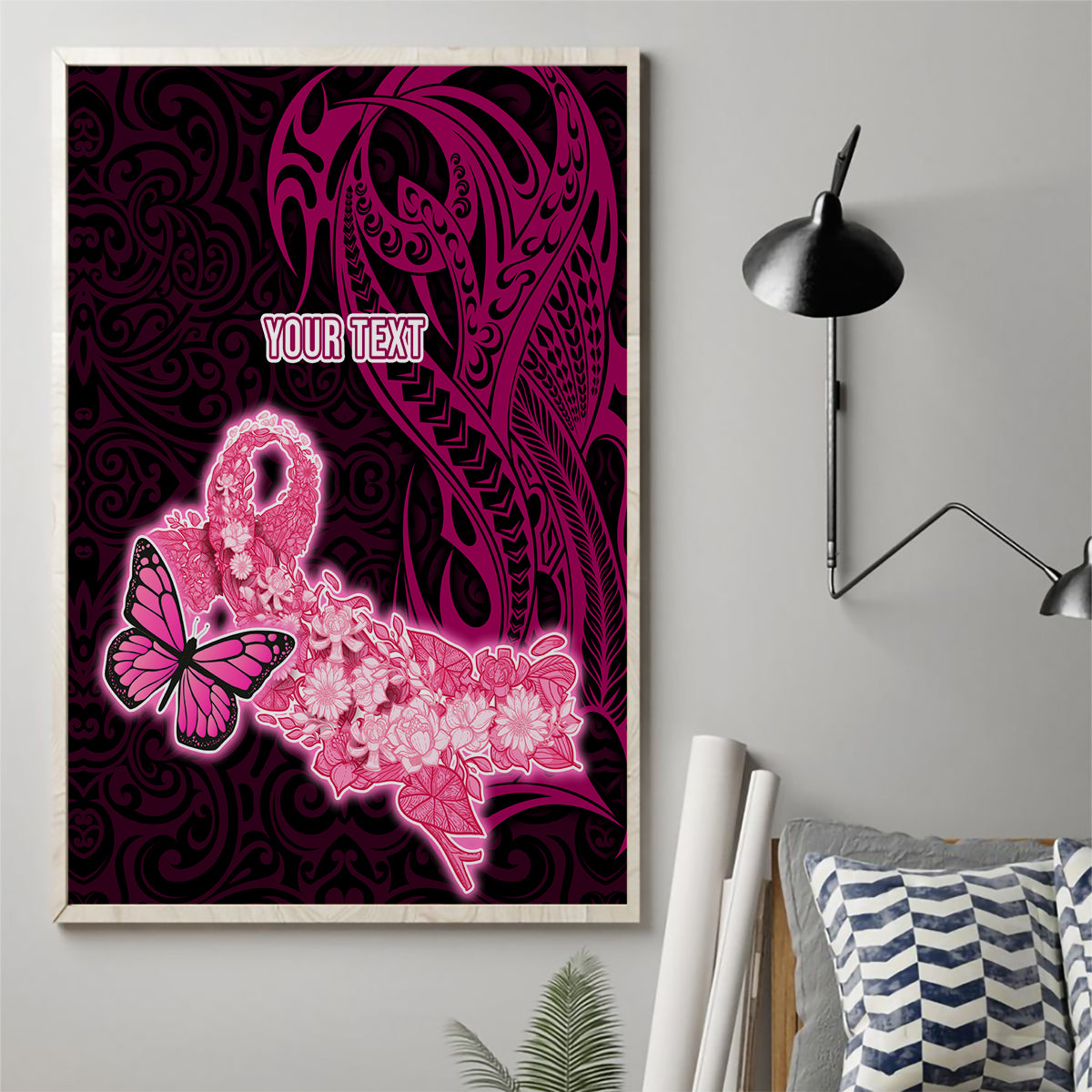 Custom Polynesia Breast Cancer Canvas Wall Art Butterfly and Flowers Ribbon Maori Tattoo Ethnic Black Style LT03 - Polynesian Pride