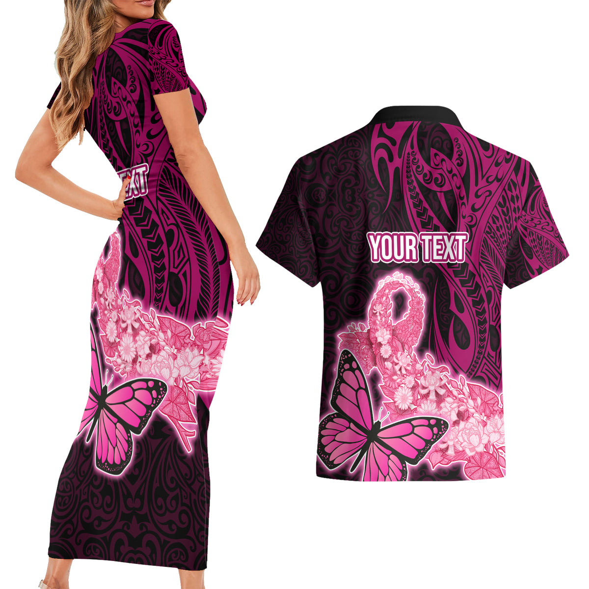 Custom Polynesia Breast Cancer Couples Matching Short Sleeve Bodycon Dress and Hawaiian Shirt Butterfly and Flowers Ribbon Maori Tattoo Ethnic Black Style LT03 - Polynesian Pride