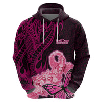 Custom Polynesia Breast Cancer Hoodie Butterfly and Flowers Ribbon Maori Tattoo Ethnic Black Style LT03 - Polynesian Pride