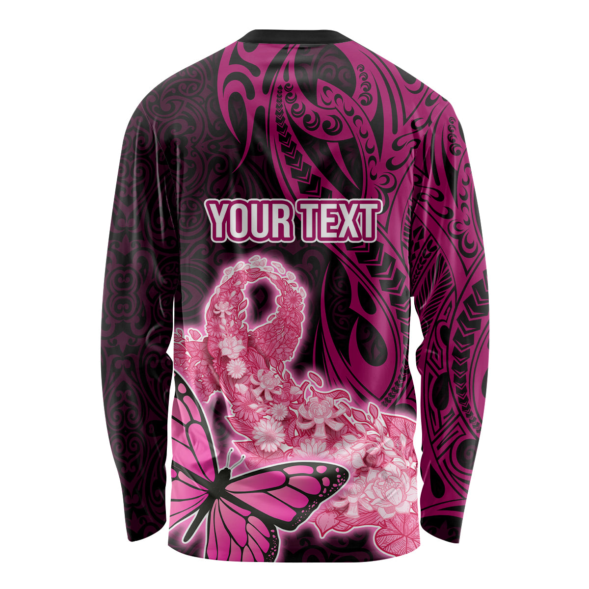 Custom Polynesia Breast Cancer Long Sleeve Shirt Butterfly and Flowers Ribbon Maori Tattoo Ethnic Black Style LT03 - Polynesian Pride