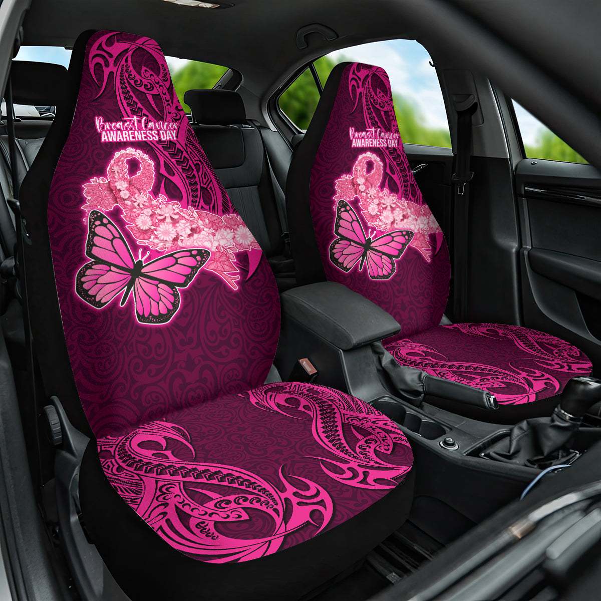 Polynesia Breast Cancer Car Seat Cover Butterfly and Flowers Ribbon Maori Tattoo Ethnic Pink Style LT03 One Size Pink - Polynesian Pride