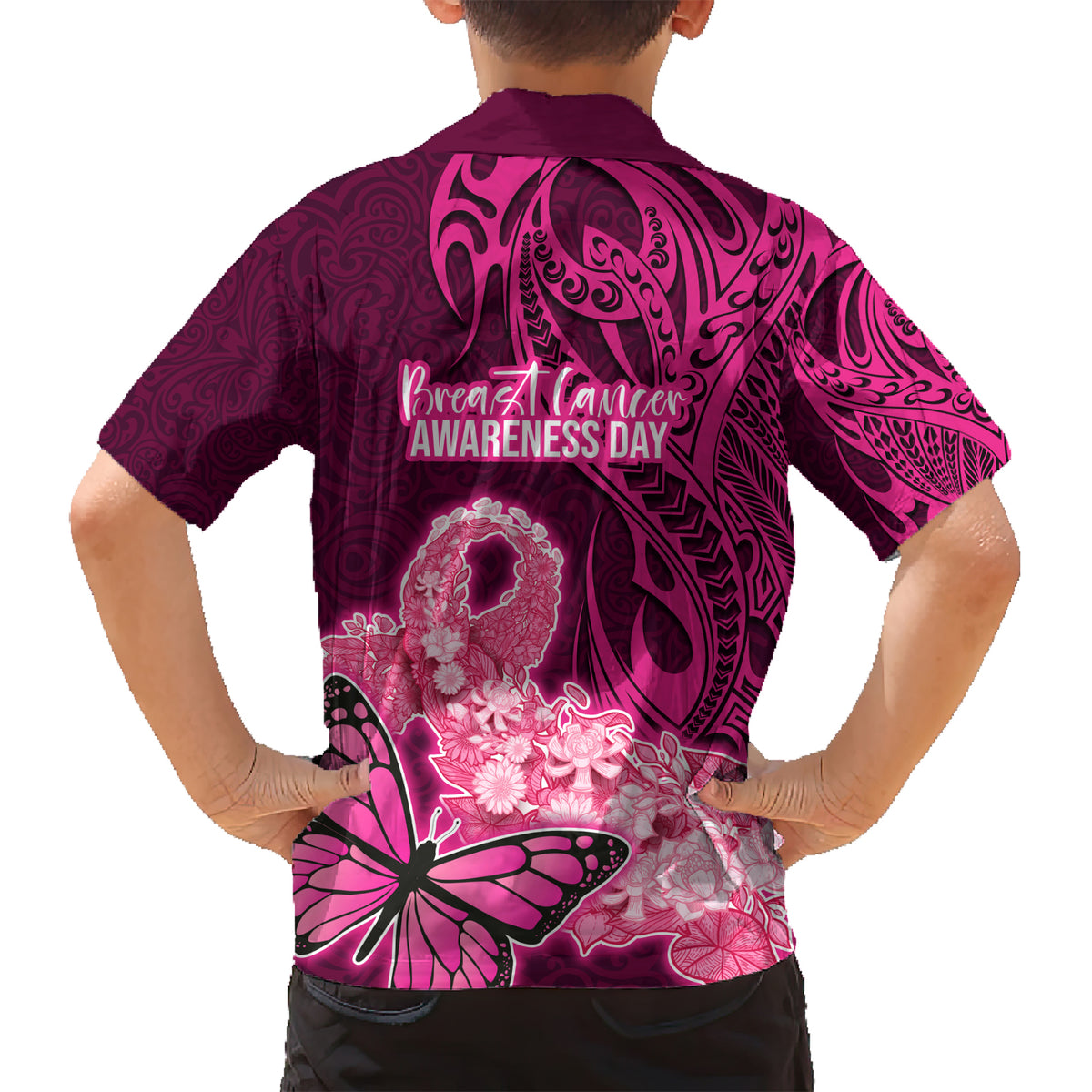 Polynesia Breast Cancer Family Matching Short Sleeve Bodycon Dress and Hawaiian Shirt Butterfly and Flowers Ribbon Maori Tattoo Ethnic Pink Style LT03 - Polynesian Pride