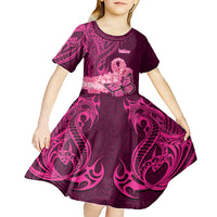 Polynesia Breast Cancer Kid Short Sleeve Dress Butterfly and Flowers Ribbon Maori Tattoo Ethnic Pink Style LT03 - Polynesian Pride