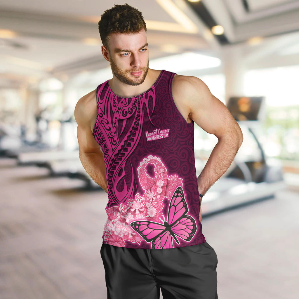 Polynesia Breast Cancer Men Tank Top Butterfly and Flowers Ribbon Maori Tattoo Ethnic Pink Style LT03 - Polynesian Pride