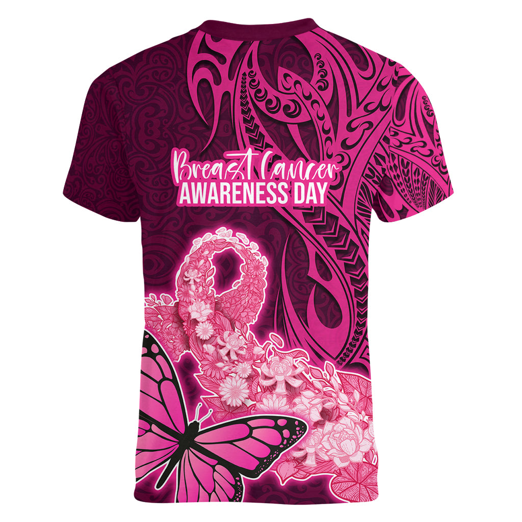 Polynesia Breast Cancer Women V Neck T Shirt Butterfly and Flowers Ribbon Maori Tattoo Ethnic Pink Style LT03 - Polynesian Pride