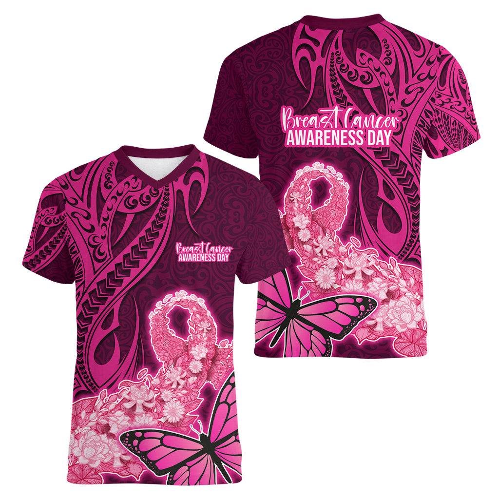 Polynesia Breast Cancer Women V Neck T Shirt Butterfly and Flowers Ribbon Maori Tattoo Ethnic Pink Style LT03 - Polynesian Pride