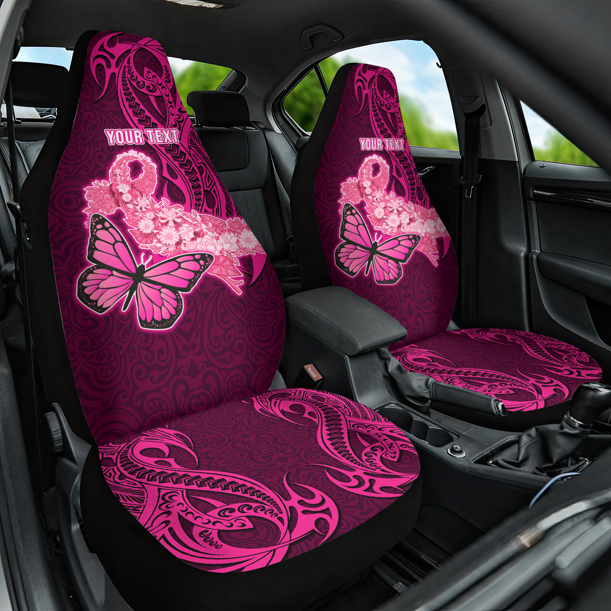 Custom Polynesia Breast Cancer Car Seat Cover Butterfly and Flowers Ribbon Maori Tattoo Ethnic Pink Style LT03 One Size Pink - Polynesian Pride