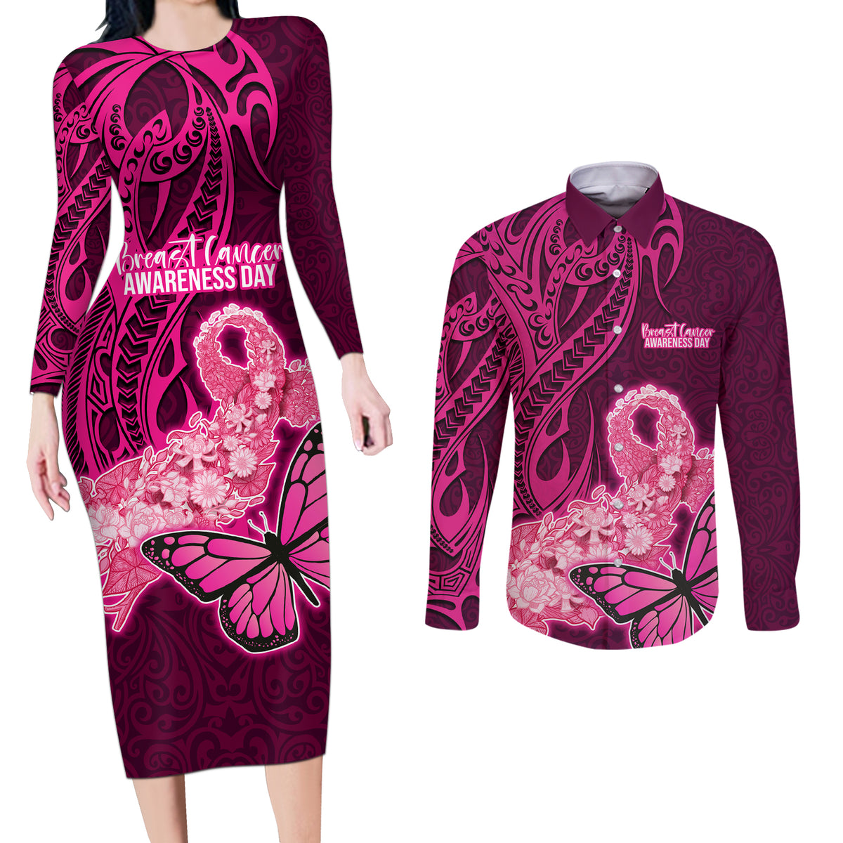 Custom Polynesia Breast Cancer Couples Matching Long Sleeve Bodycon Dress and Long Sleeve Button Shirts Butterfly and Flowers Ribbon Maori Tattoo Ethnic Pink Style LT03 Pink - Polynesian Pride