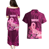Custom Polynesia Breast Cancer Couples Matching Puletasi Dress and Hawaiian Shirt Butterfly and Flowers Ribbon Maori Tattoo Ethnic Pink Style LT03 - Polynesian Pride