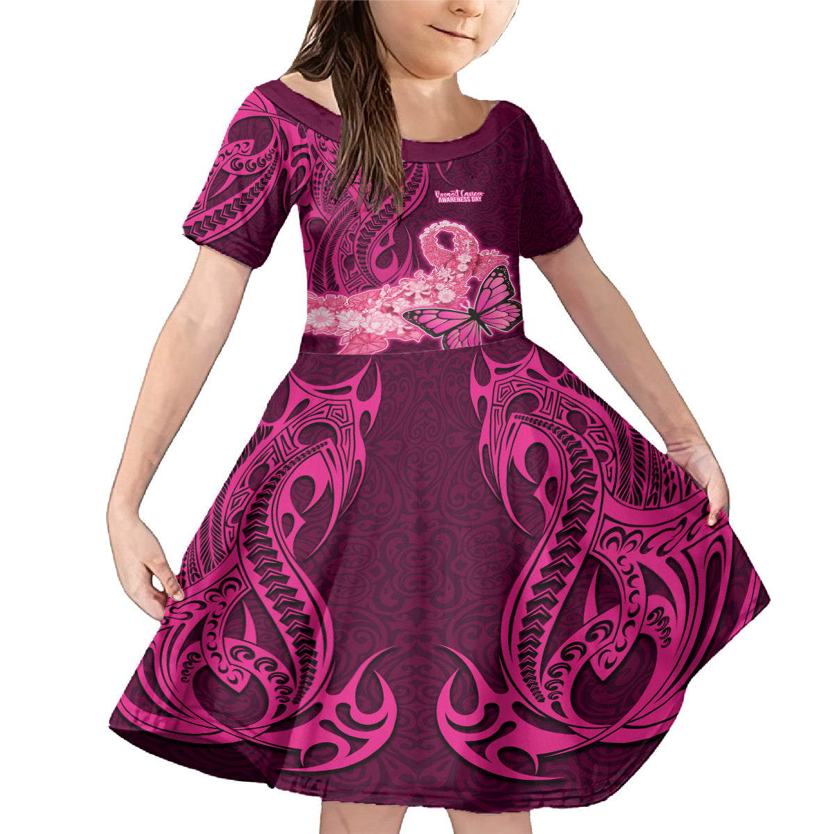 Custom Polynesia Breast Cancer Family Matching Mermaid Dress and Hawaiian Shirt Butterfly and Flowers Ribbon Maori Tattoo Ethnic Pink Style LT03 Daughter's Dress Pink - Polynesian Pride