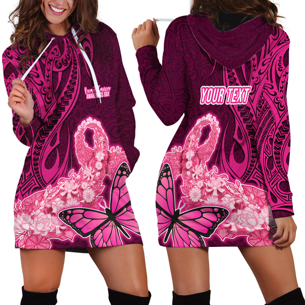 Custom Polynesia Breast Cancer Hoodie Dress Butterfly and Flowers Ribbon Maori Tattoo Ethnic Pink Style LT03 - Polynesian Pride