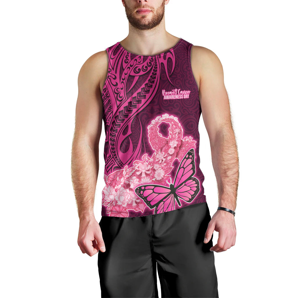 Custom Polynesia Breast Cancer Men Tank Top Butterfly and Flowers Ribbon Maori Tattoo Ethnic Pink Style LT03 - Polynesian Pride