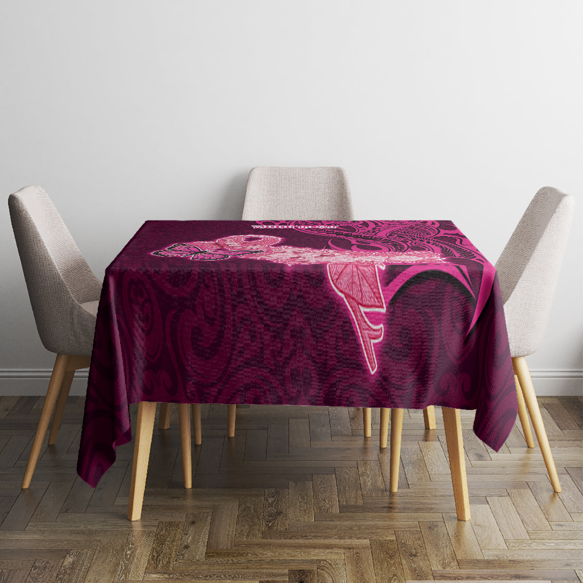 Custom Polynesia Breast Cancer Tablecloth Butterfly and Flowers Ribbon Maori Tattoo Ethnic Pink Style LT03 - Polynesian Pride