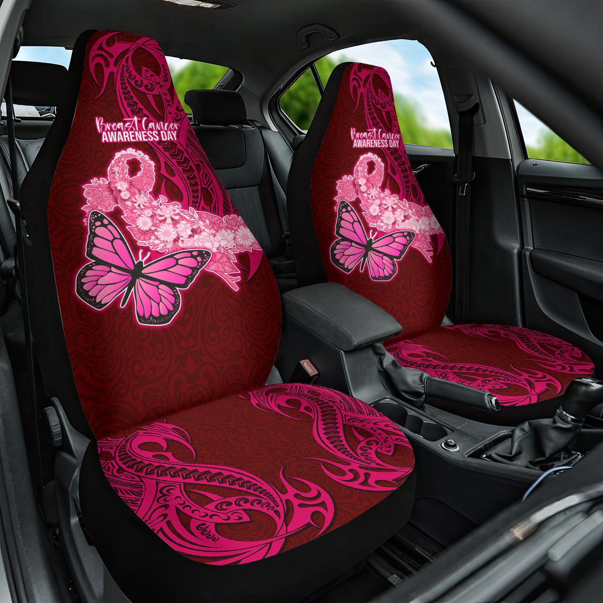 Polynesia Breast Cancer Car Seat Cover Butterfly and Flowers Ribbon Maori Tattoo Ethnic Red Style LT03 One Size Red - Polynesian Pride